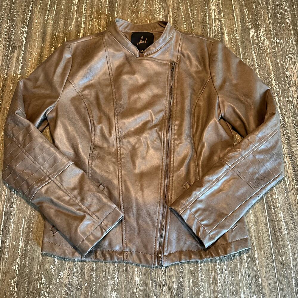 Jack. Faux Leather Moto Side Zip Jacket Distressed Worn Brown Vegan Women Size M